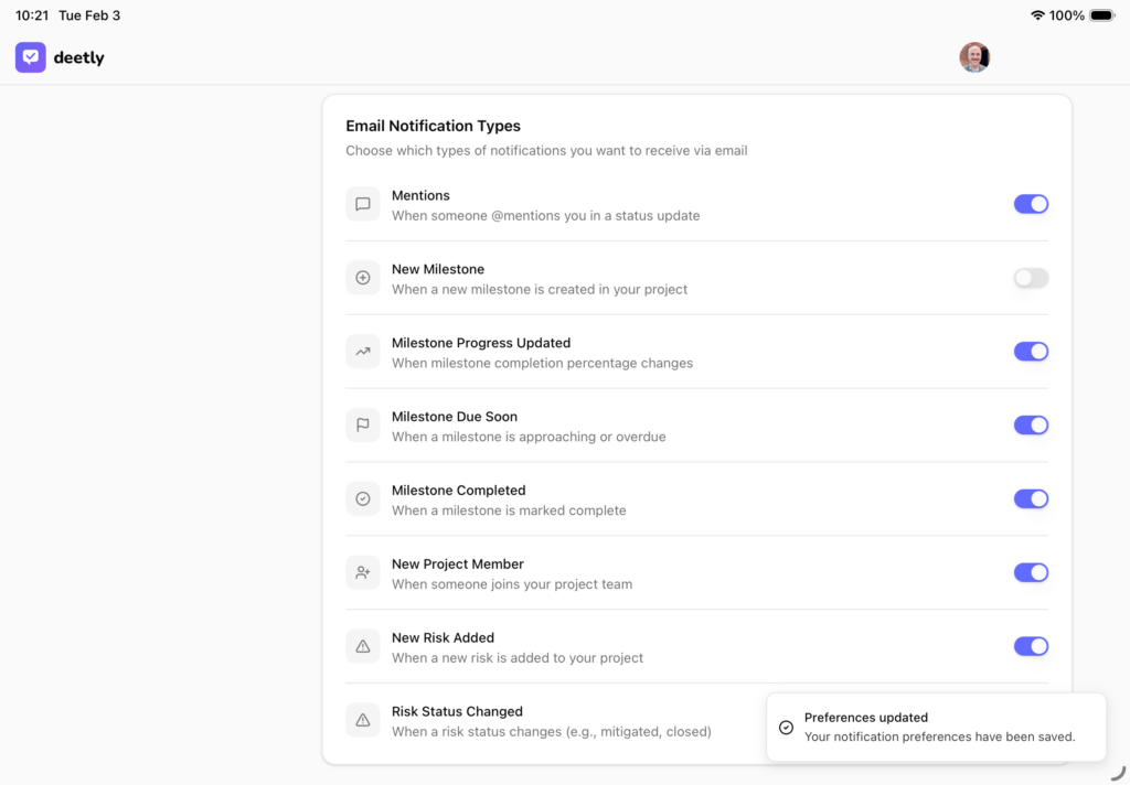Screenshot of a table showing deetly notification options