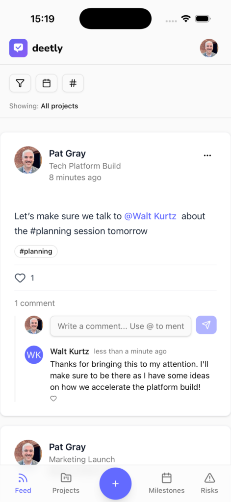 Phone screen showing status feed mentions and hashtags