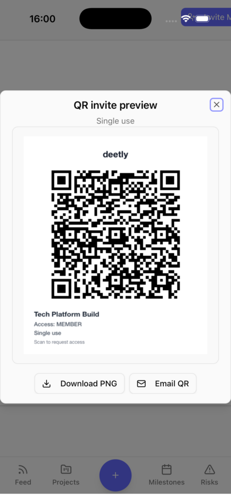 A smartphone showing a deetly QR code project invitation
